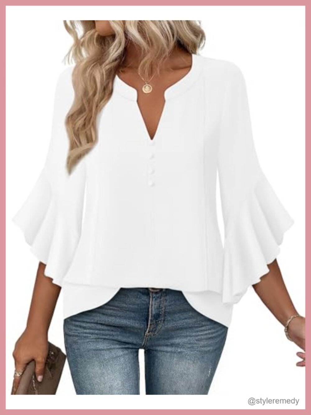 Womens Chiffon Ruffle 3/4 Sleeve Henley V Neck Button Blouse Tunic